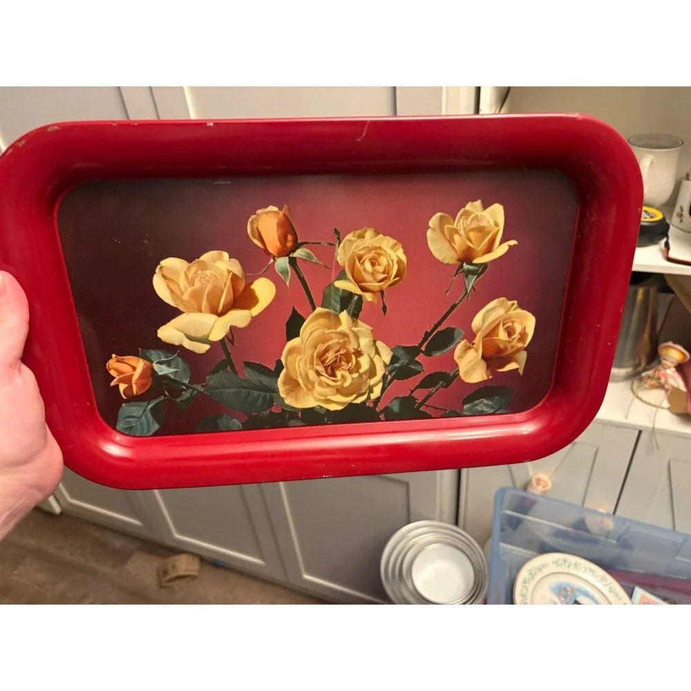 Vintage Metal Serving Tray Yellow Roses Floral Red Rim Rectangular Tin Toleware
